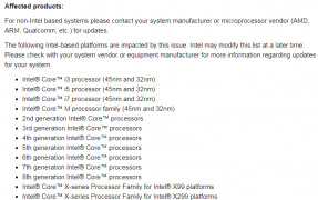 Intel тоже сообщила список процессоров, подверженных уязвимости Meltdown и Spectre